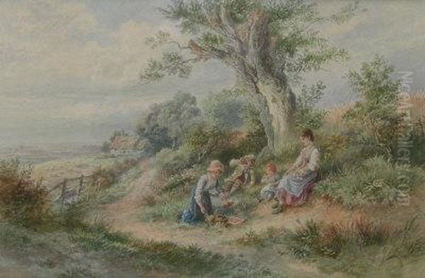 A Rest By The Way Nr Dorking Surrey Oil Painting by Myles Birket Foster