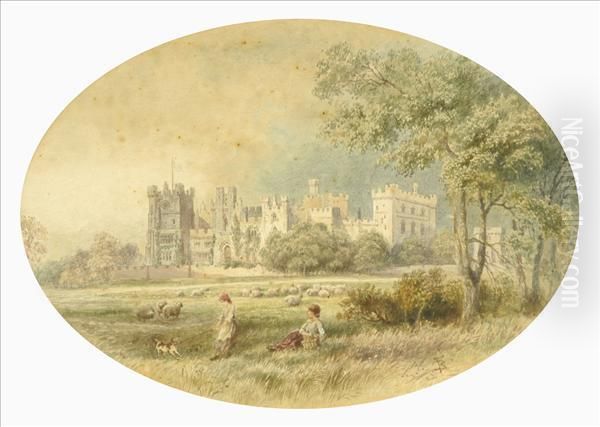 Raby Castle, Co. Durham, With Children, Dog And Sheep Oil Painting by Myles Birket Foster