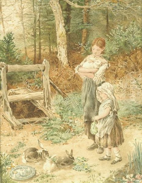 Feeding The Rabbits; The Young Mother Oil Painting by Myles Birket Foster