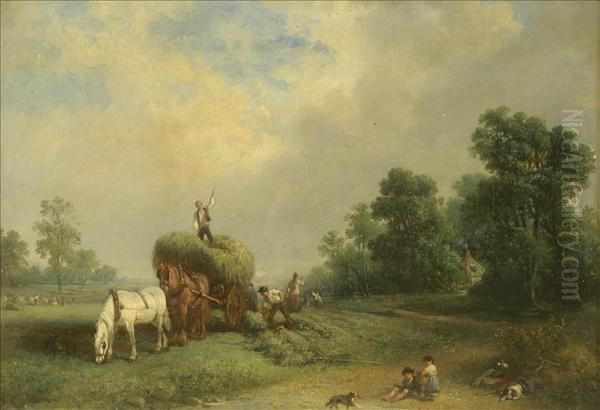 Haymaking, A Sunlit Scene With Children And Dog At Play Oil Painting by Myles Birket Foster