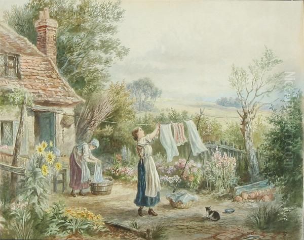 Wash Day Oil Painting by Myles Birket Foster