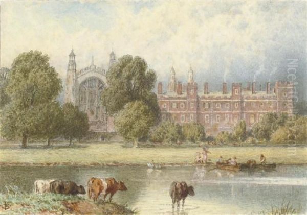 Cattle Watering Before Eton 
College, Windsor, Seen From Across Thethames And Fellows' Eyot Oil Painting by Myles Birket Foster