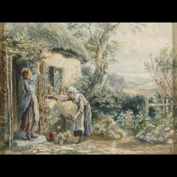 Around The Cottage Door Oil Painting by Myles Birket Foster