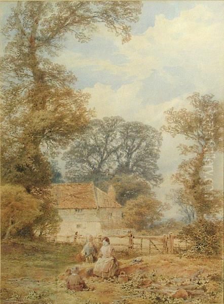 Figures In A Field By A House Oil Painting by Myles Birket Foster