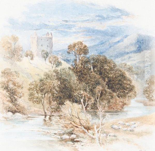 View Of A Castle, Yarrow Oil Painting by Myles Birket Foster