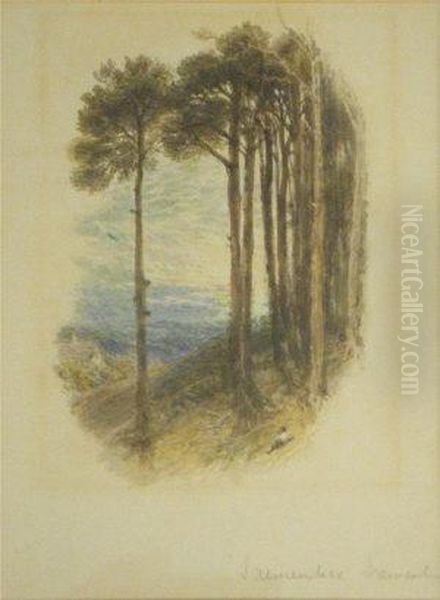 Foster, Watercolour,landscape With Trees And Figure On A Hillside, 5ins X 3.75ins Oil Painting by Myles Birket Foster