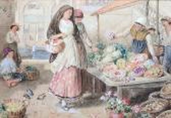 A Venetian Market Stall Oil Painting by Myles Birket Foster