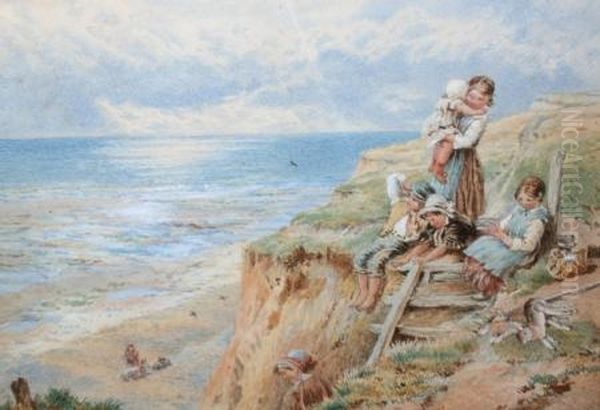 Children Seatedon A Cliff Above The Sea Oil Painting by Myles Birket Foster