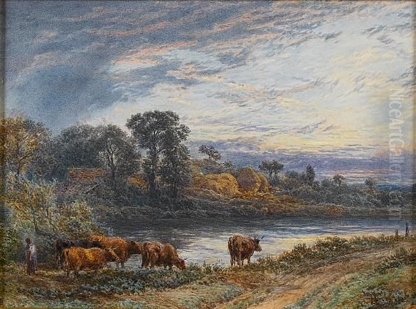 On The River Bank, Sunset Oil Painting by Myles Birket Foster