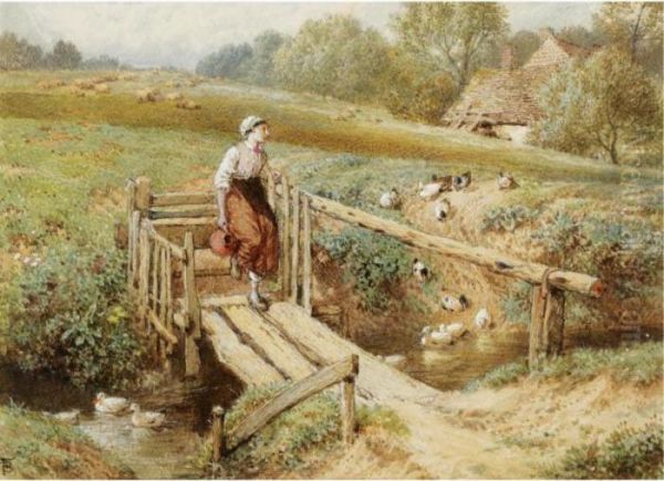 River Crossing Oil Painting by Myles Birket Foster