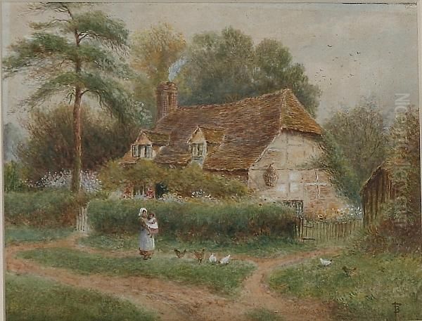 Figures And Chickens Before A Country Cottage Oil Painting by Myles Birket Foster