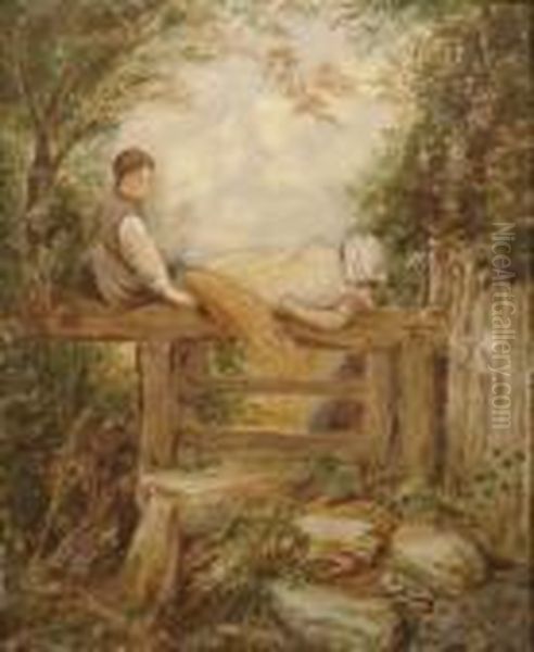 Figures With Wheatsheaf Crossing A Stile. Oil Painting by Myles Birket Foster