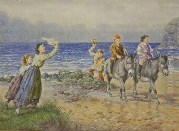 Donkey Rides On The Beach, Jersey Oil Painting by Myles Birket Foster