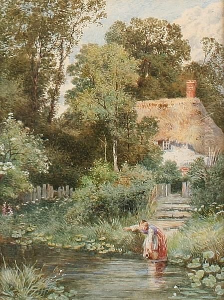 A Girl Drawing Water Before A Thatched Cottage Oil Painting by Myles Birket Foster