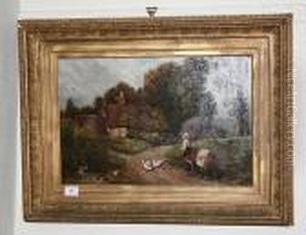 Rural Scene With Milkmaid, Cow, Geese And Ducks Oil Painting by Myles Birket Foster