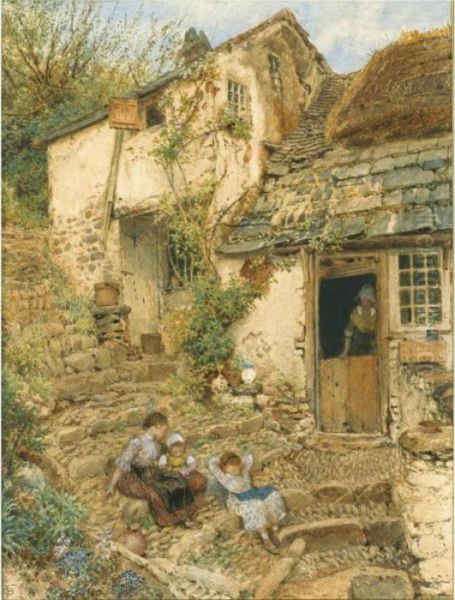 Young Girls Resting On The Steps, Devon Oil Painting by Myles Birket Foster