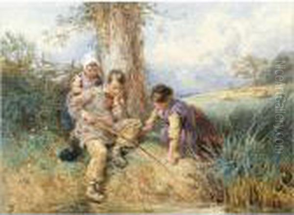 Fishing Oil Painting by Myles Birket Foster