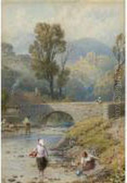 Figures On The River, Dollar, Clackmananshire Oil Painting by Myles Birket Foster