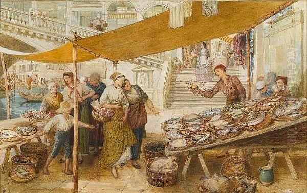 The Fish Market On The Steps Of The Rialto Bridge, Venice Oil Painting by Myles Birket Foster