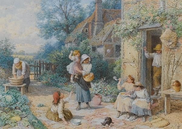 Children Blowing Bubbles By A Cottage Oil Painting by Myles Birket Foster