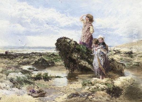 Children On A Beach Oil Painting by Myles Birket Foster