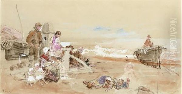 Figures Waiting On The Shore At Hastings Oil Painting by Myles Birket Foster