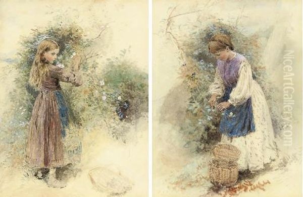 Two Studies Of Children: Bramble Time; And Blackberrying Oil Painting by Myles Birket Foster