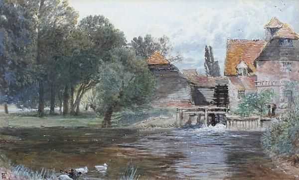 Figure By A Watermill, Ducks In The Foreground Oil Painting by Myles Birket Foster