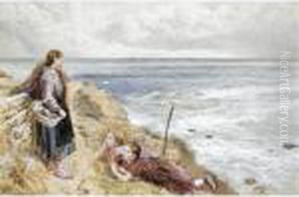 On Cullercoats Cliffs Oil Painting by Myles Birket Foster