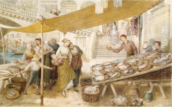 The Fish Stall Near The Rialto, Venice Oil Painting by Myles Birket Foster