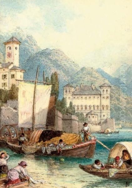 Children Picking Up A Mooring On Lake Como Oil Painting by Myles Birket Foster