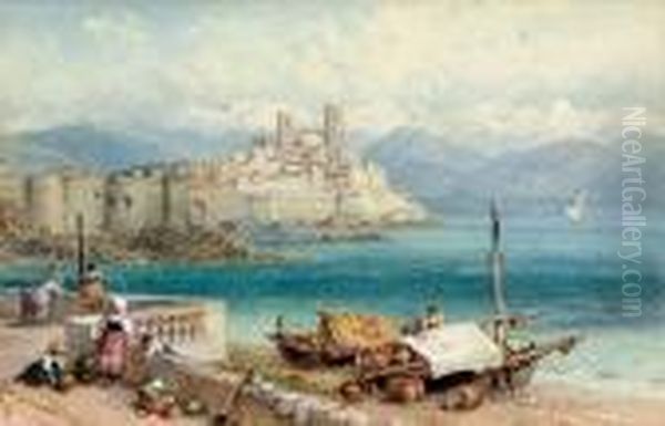 Children On The Waterfront At Porto Maurizio Oil Painting by Myles Birket Foster