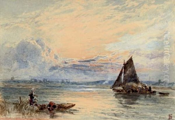 A Loaded Hay Barge On The River At Dusk Oil Painting by Myles Birket Foster