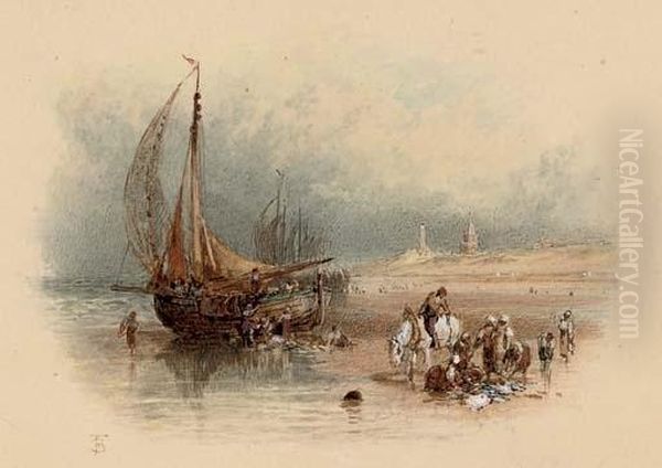 Unloading The Catch On The Beach At Scheveningen Oil Painting by Myles Birket Foster