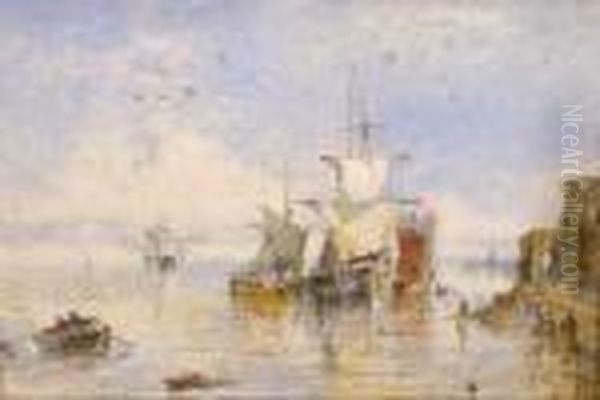 Moored Fishing Boats Off A Quayside Oil Painting by Myles Birket Foster