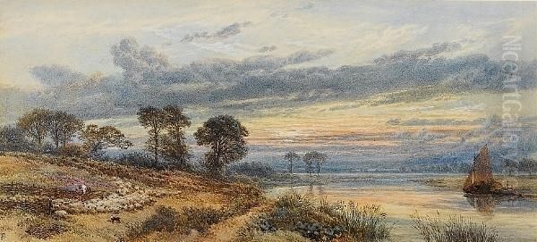 A Shepherd Herding Sheep Beside The Thames At Dusk Oil Painting by Myles Birket Foster