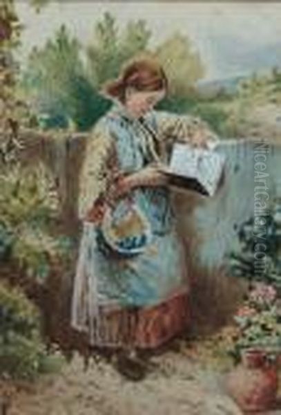 Girl Reading A Book Leant Upon A Fence Oil Painting by Myles Birket Foster