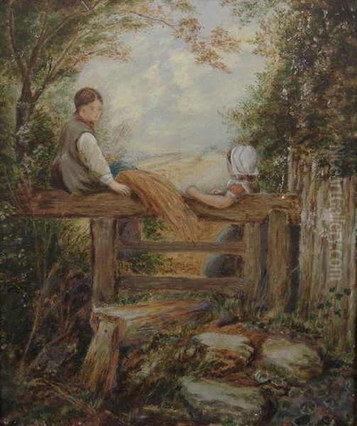 Two Children At A Stile Oil Painting by Myles Birket Foster