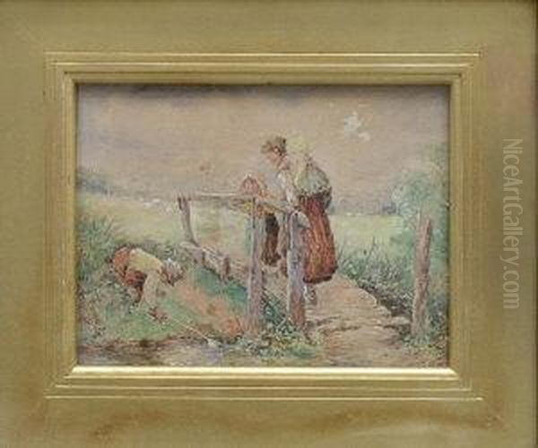 Fishing For Minnows Oil Painting by Myles Birket Foster