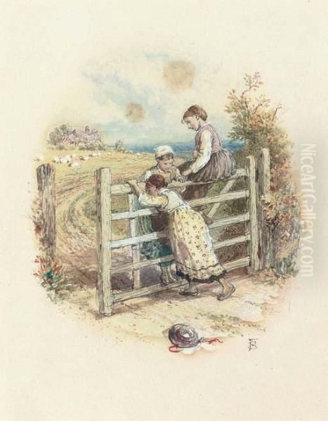 Three Children Playing On A Gate Oil Painting by Myles Birket Foster