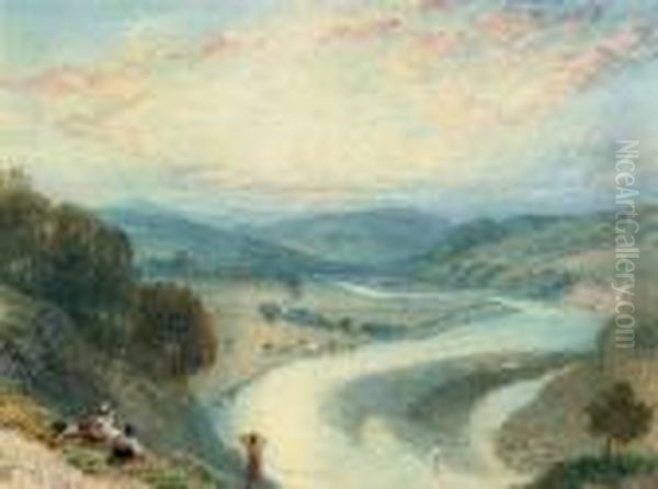 Melrose Abbey From The Banks Of The Tweed, Roxburghshire Oil Painting by Myles Birket Foster