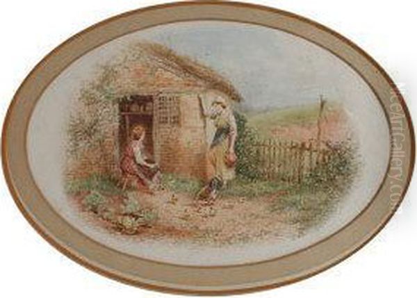 Farmgirls And Chickens Oil Painting by Myles Birket Foster