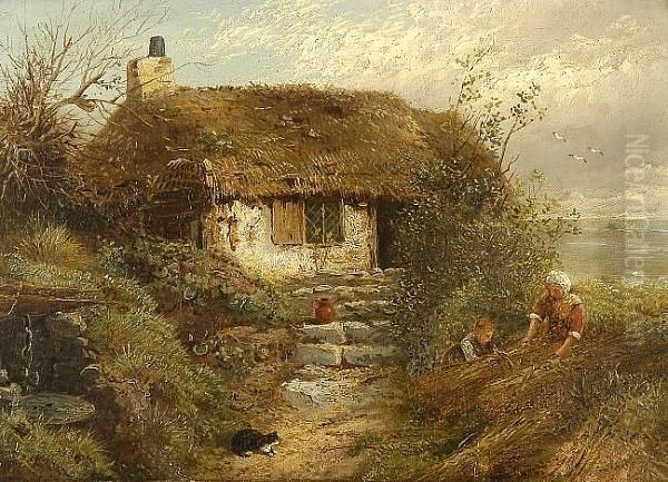 Children Tying Reeds Before A Cottage Oil Painting by Myles Birket Foster