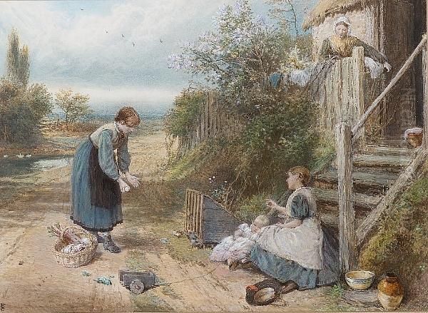 Playing With The Baby Oil Painting by Myles Birket Foster