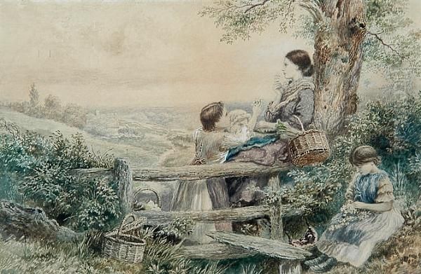 Girls By A Stile Oil Painting by Myles Birket Foster