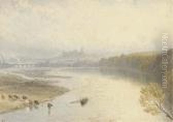 Lancaster From The River Lune Oil Painting by Myles Birket Foster