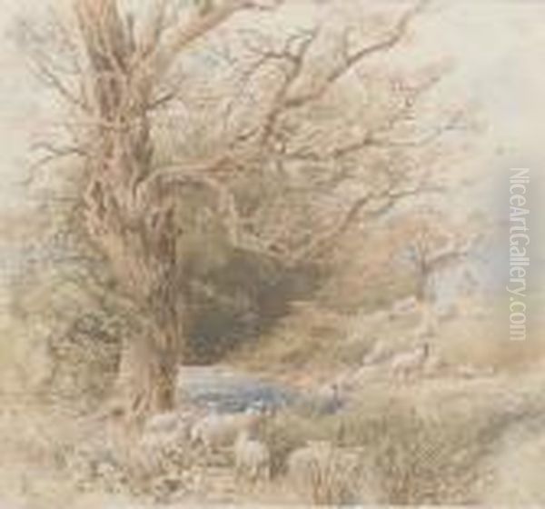 A Shepherd With His Flock Beside A Woodland Pond Oil Painting by Myles Birket Foster