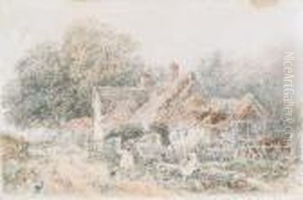 Figures By A Thatched Cottage Oil Painting by Myles Birket Foster