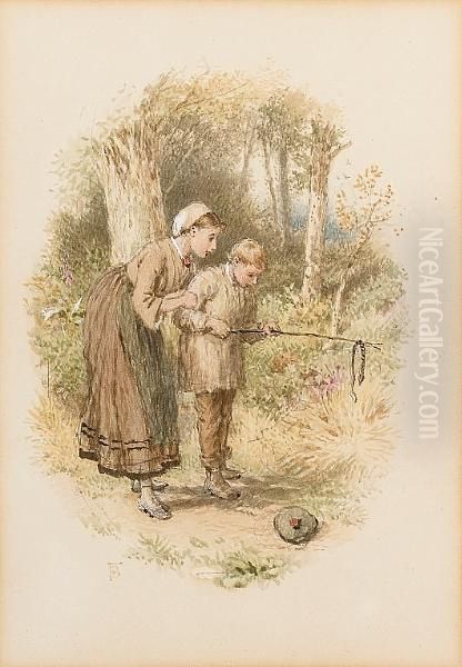 A Slippery Customer Oil Painting by Myles Birket Foster