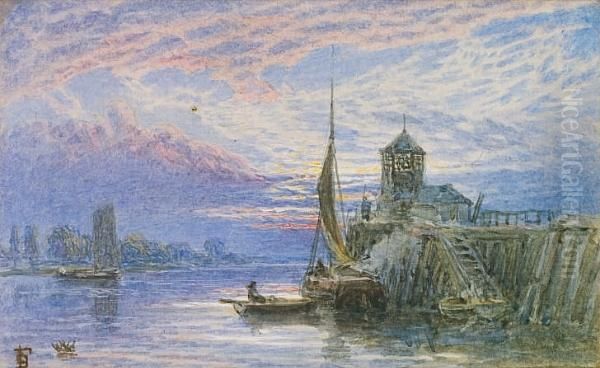 A Quay At Dusk Oil Painting by Myles Birket Foster